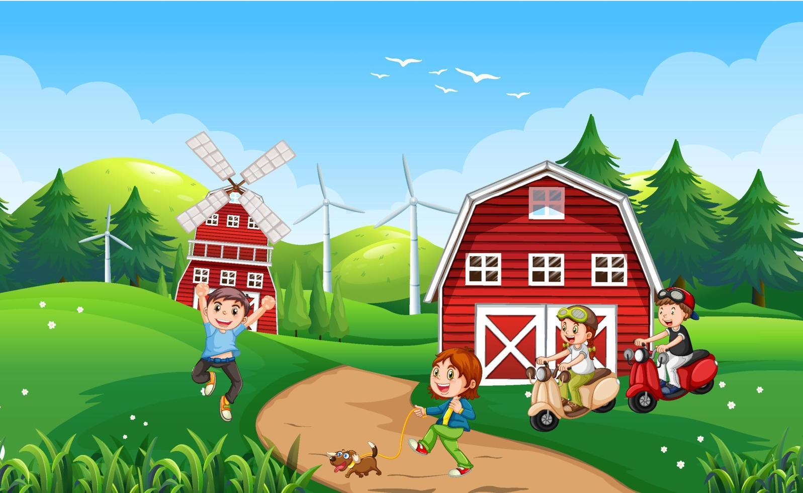Happy kids in farm landscape vector