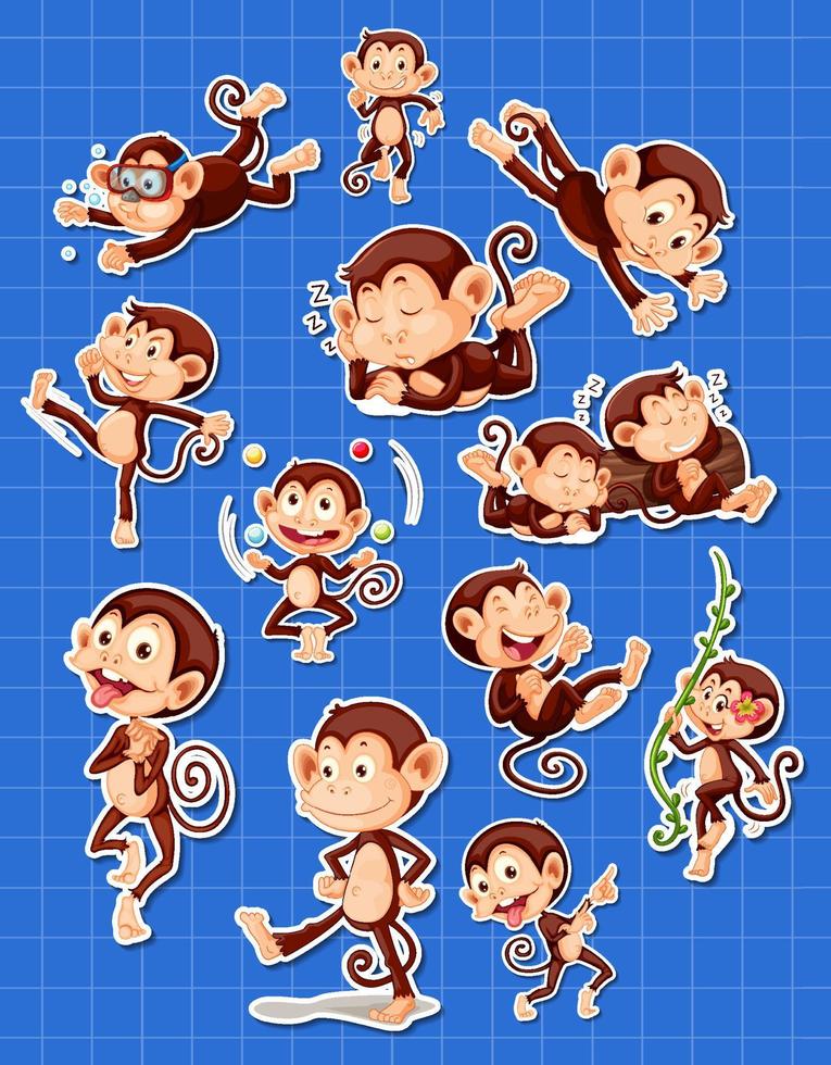 Sticker set of funny monkey cartoon characters vector