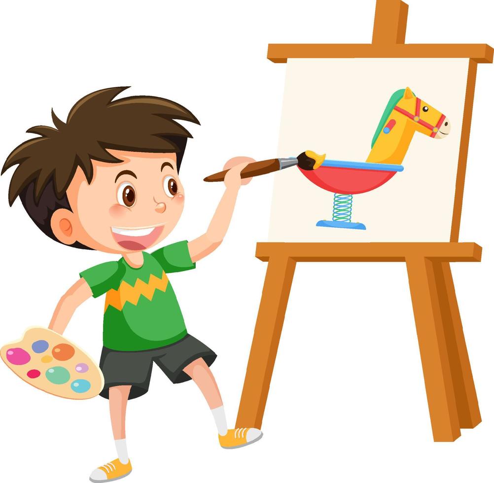 Cute boy painting on canvas vector