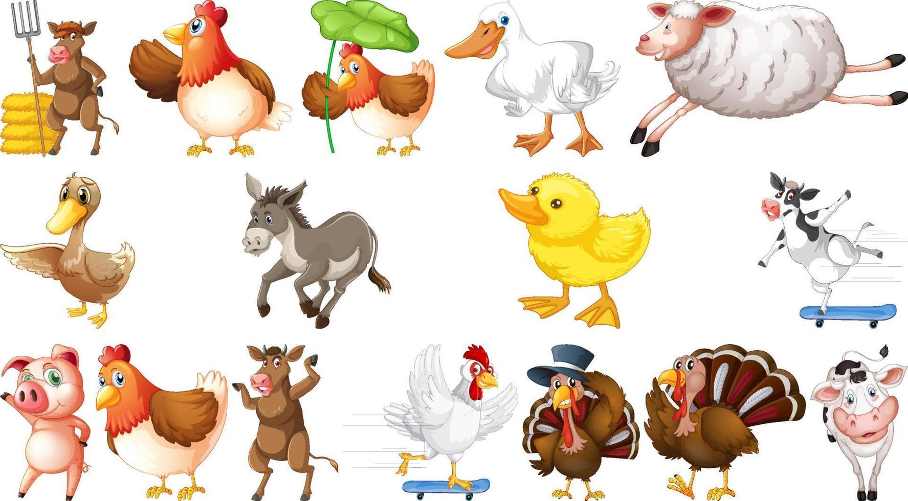 Many farm animals on white background vector