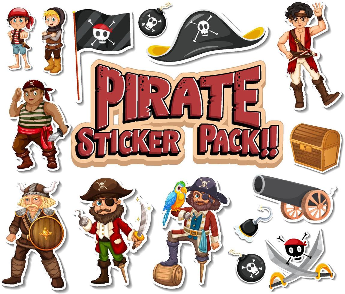 paquete de pegatinas de personajes y objetos de dibujos animados piratas vector