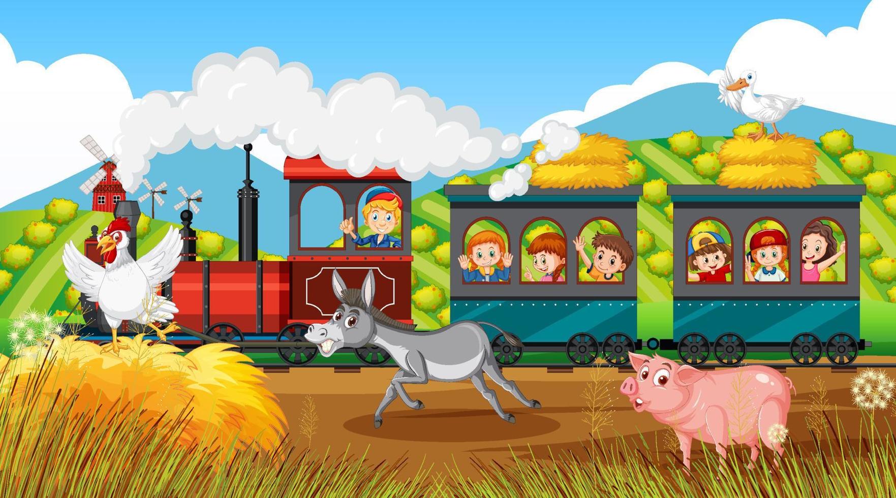 muchos niños viajando en tren en el campo vector