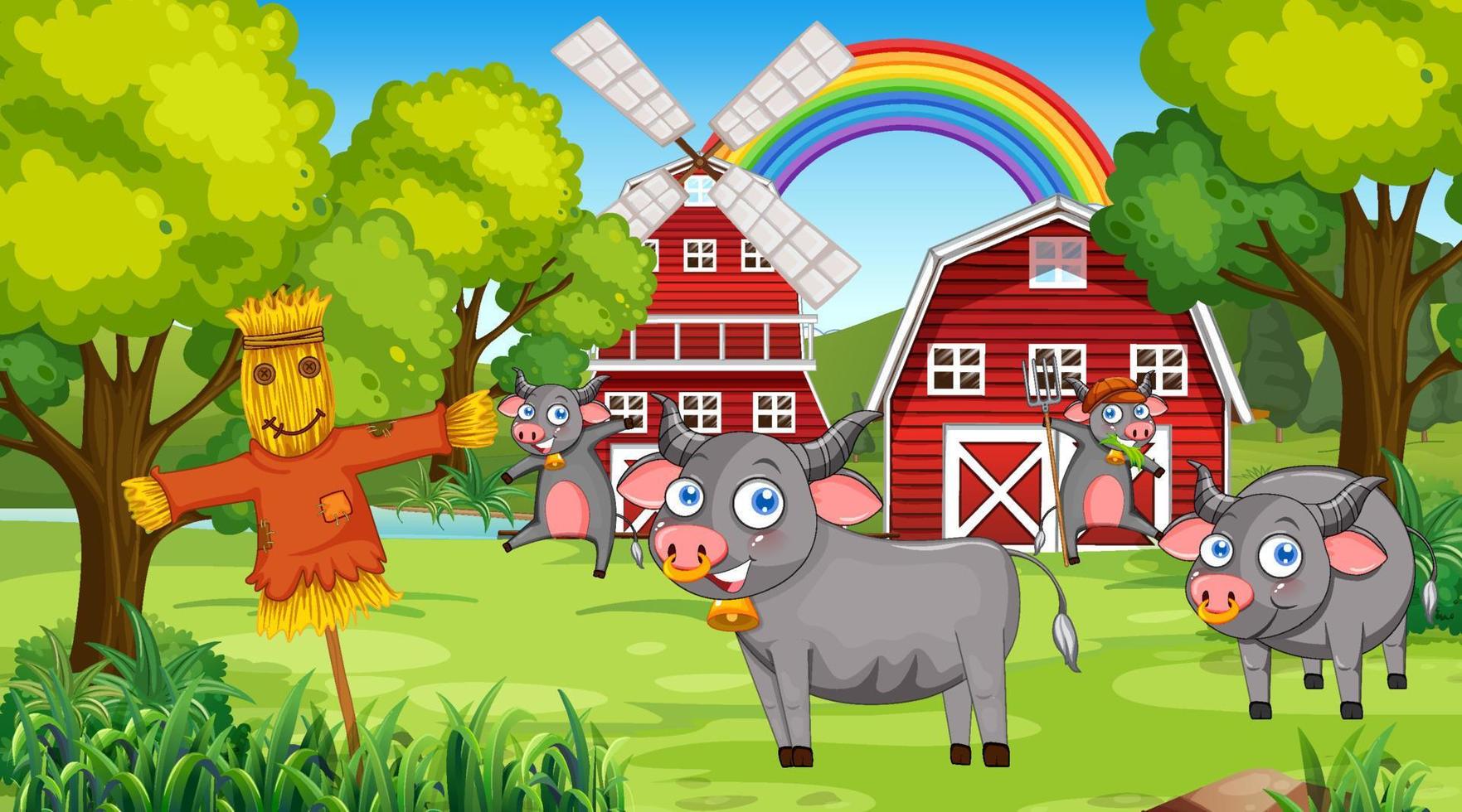 escena de la granja con vacas felices vector