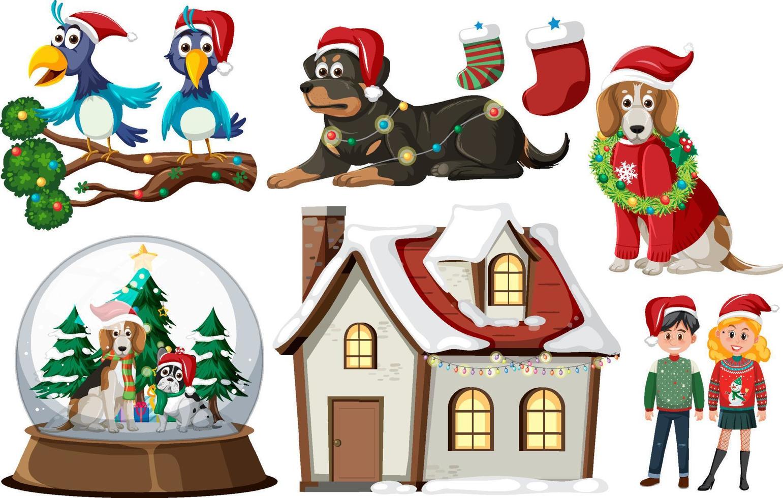 Christmas set with house and people vector