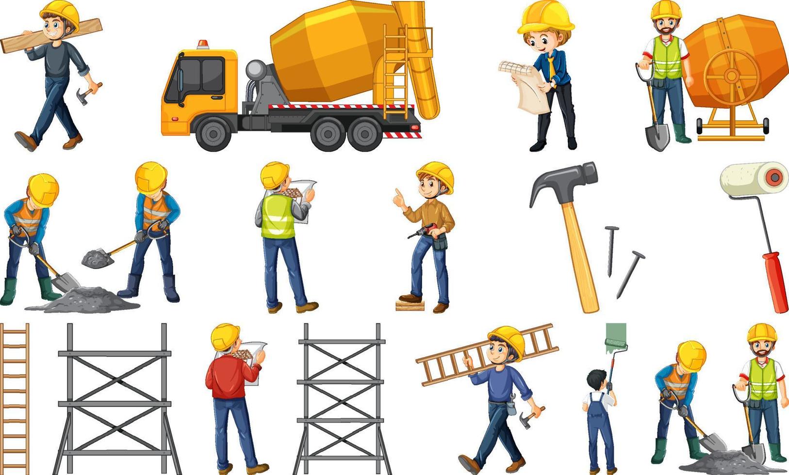 conjunto de objetos y trabajadores del sitio de construcción vector