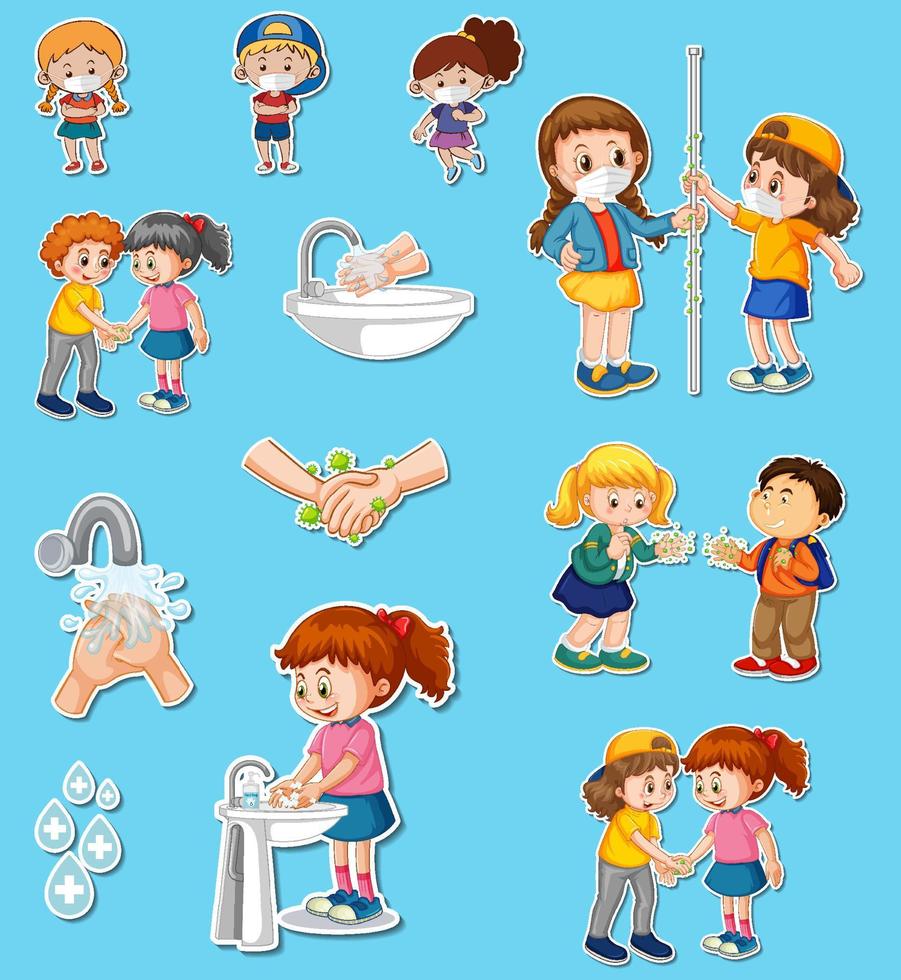 Sticker set of covid19 and cartoon character vector