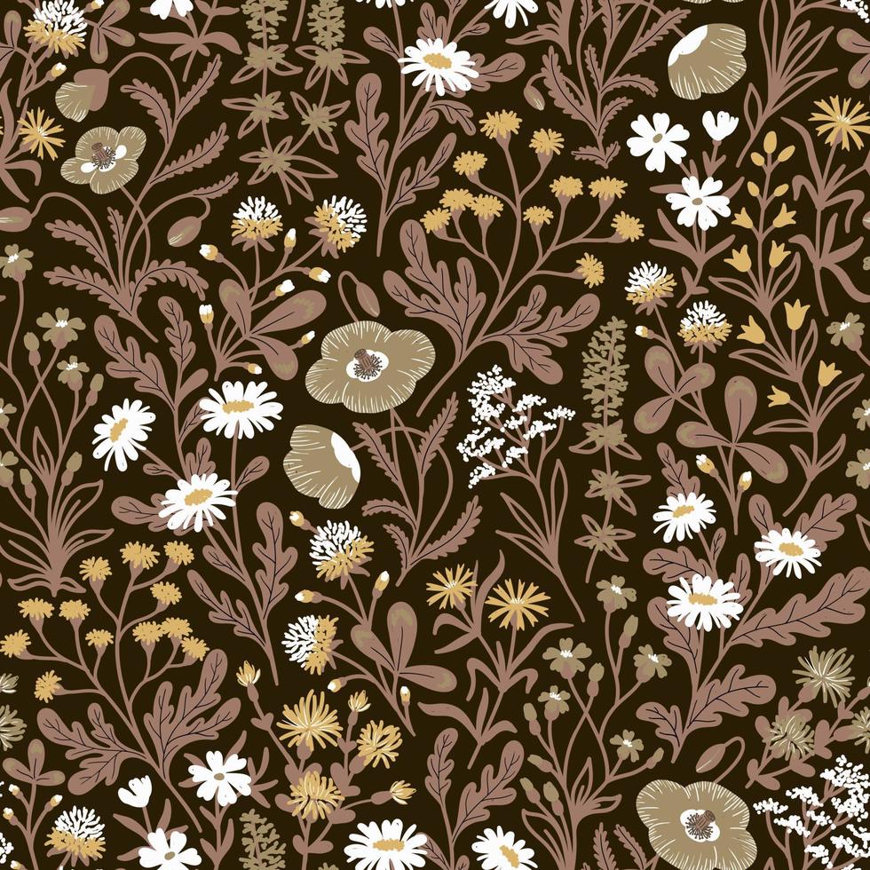 BROWN VECTOR SEAMLESS BACKGROUND WITH A VARIETY OF WILDFLOWERS