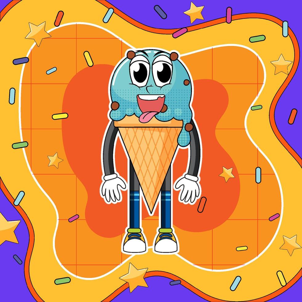 Ice cream cartoon character with retro background vector