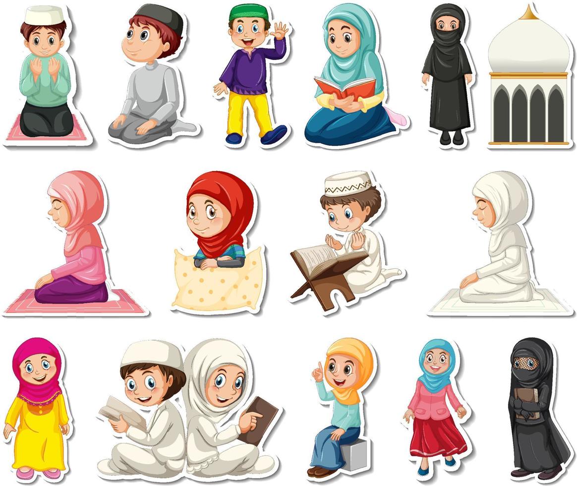 conjunto de pegatinas de símbolos religiosos islámicos y personajes de dibujos animados vector