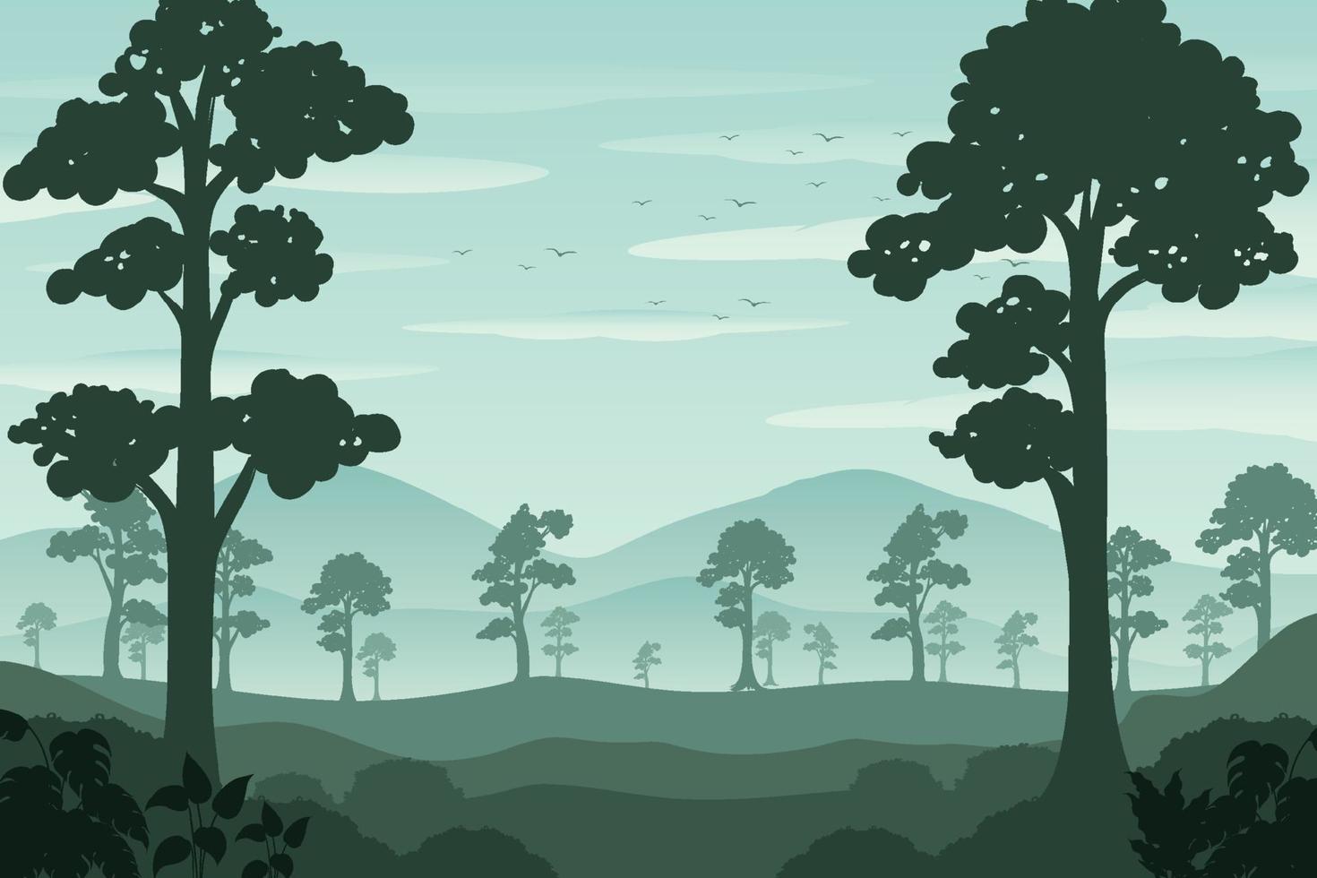 silueta, sombra, de, bosque, escena vector