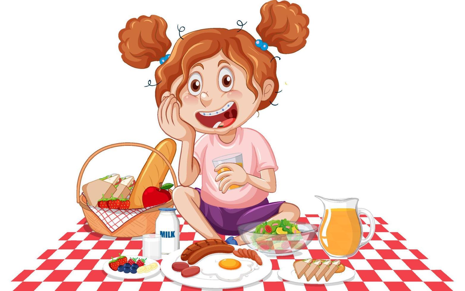 una niña haciendo dibujos animados de picnic vector