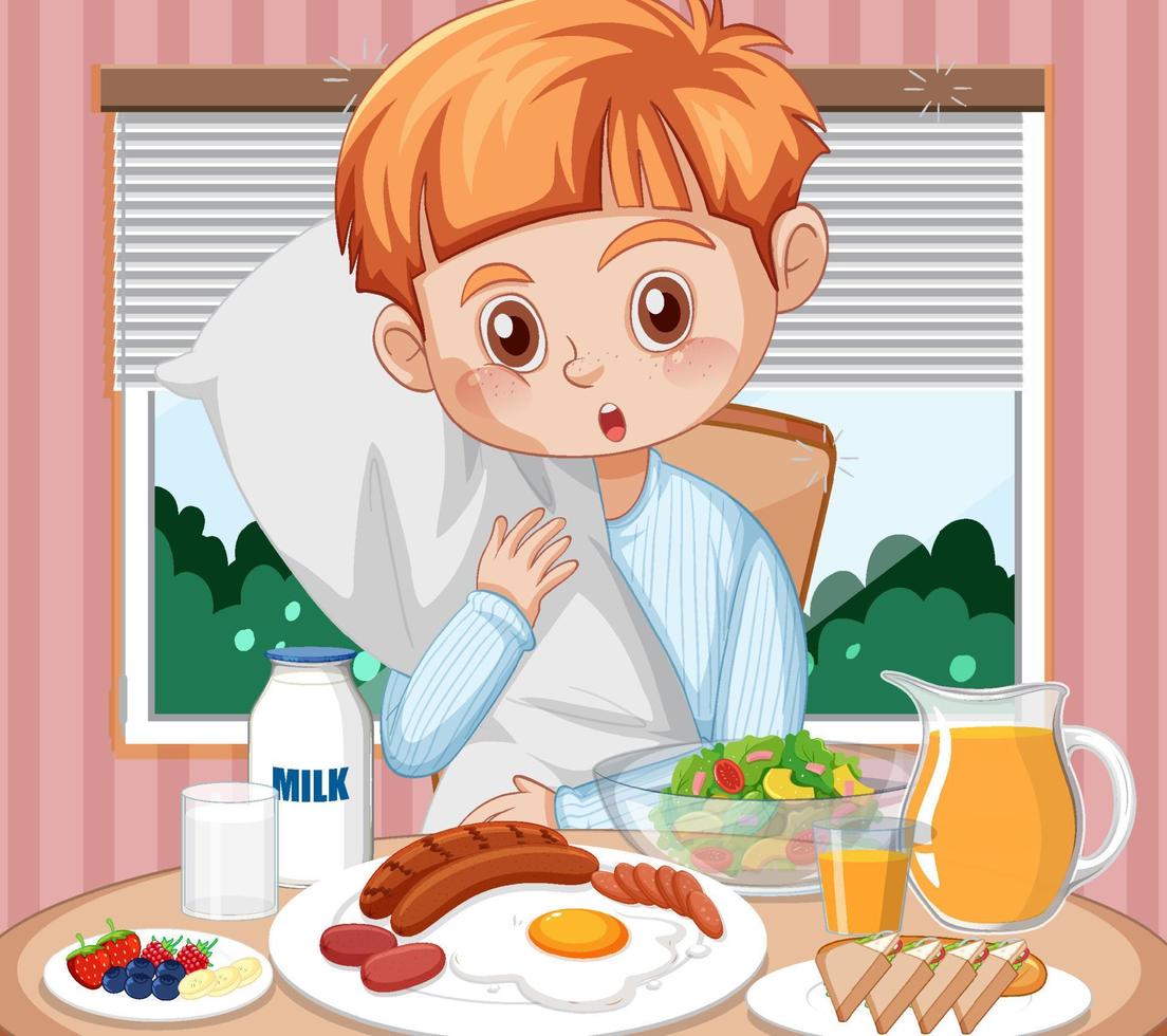 A boy eating breakfast at the table vector