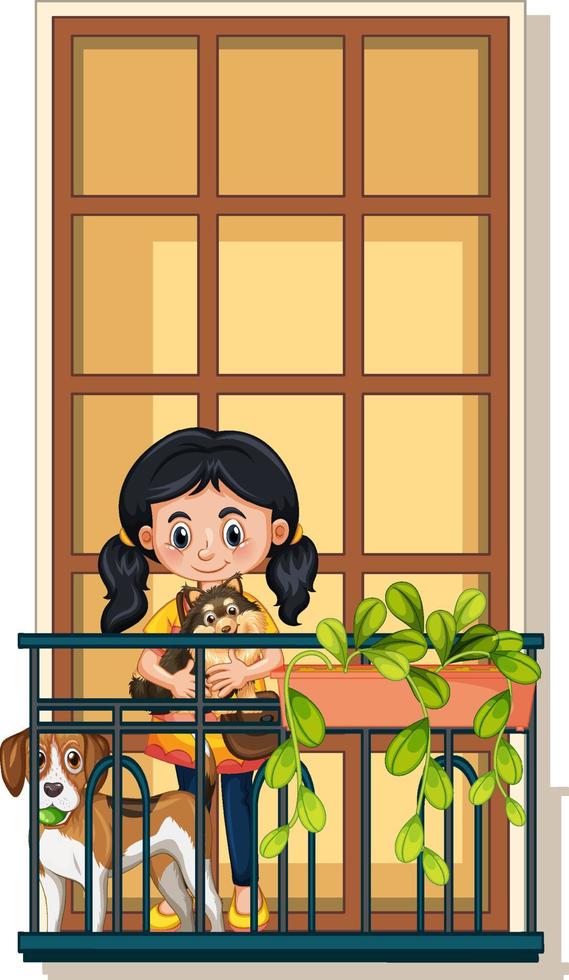 A girl with her dogs standing on the balcony vector