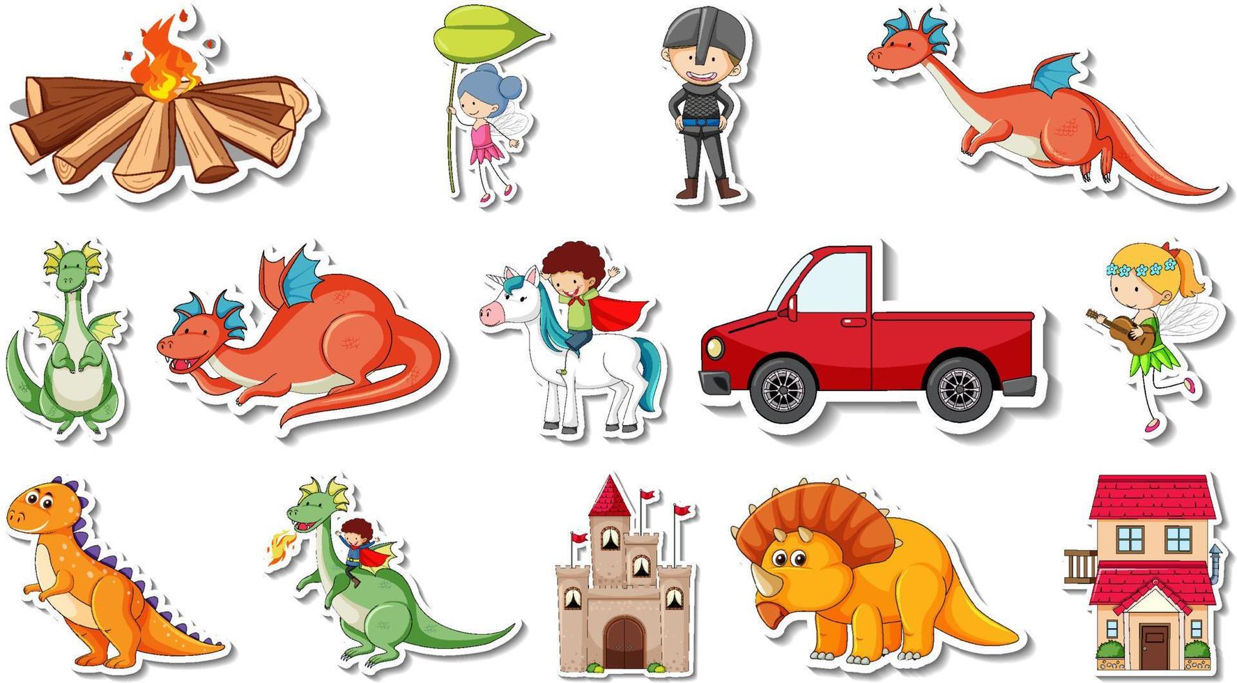 Sticker set of fantasy fairy tale cartoon characters vector