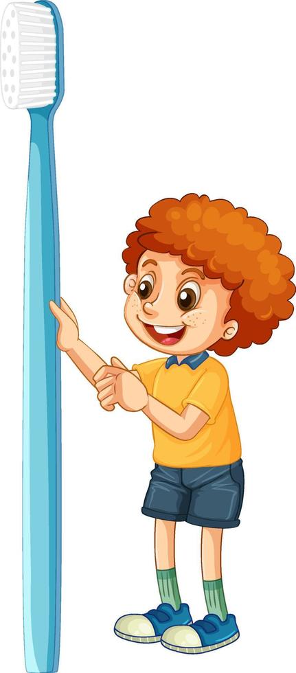 A little boy holding toothbrush on white background vector