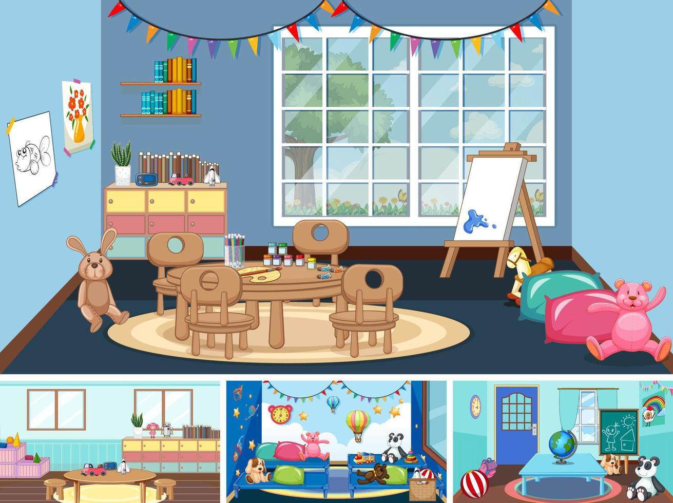 Set of different kindergarten classroom scenes vector