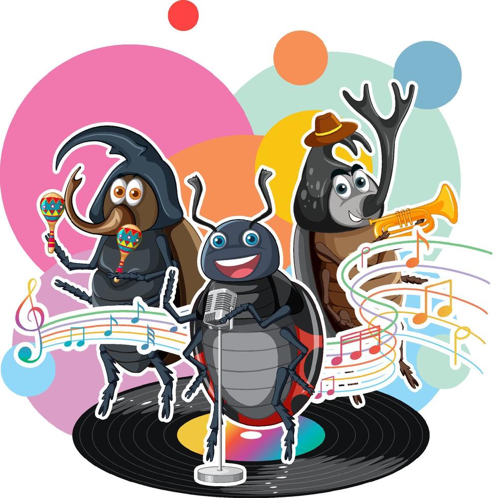 Group of beetle playing music together vector