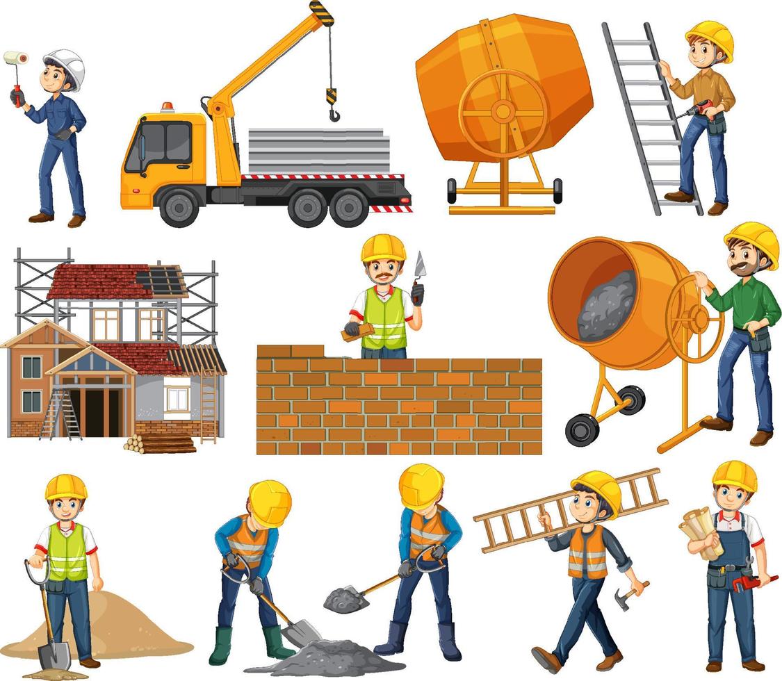 Set of construction site objects and workers vector