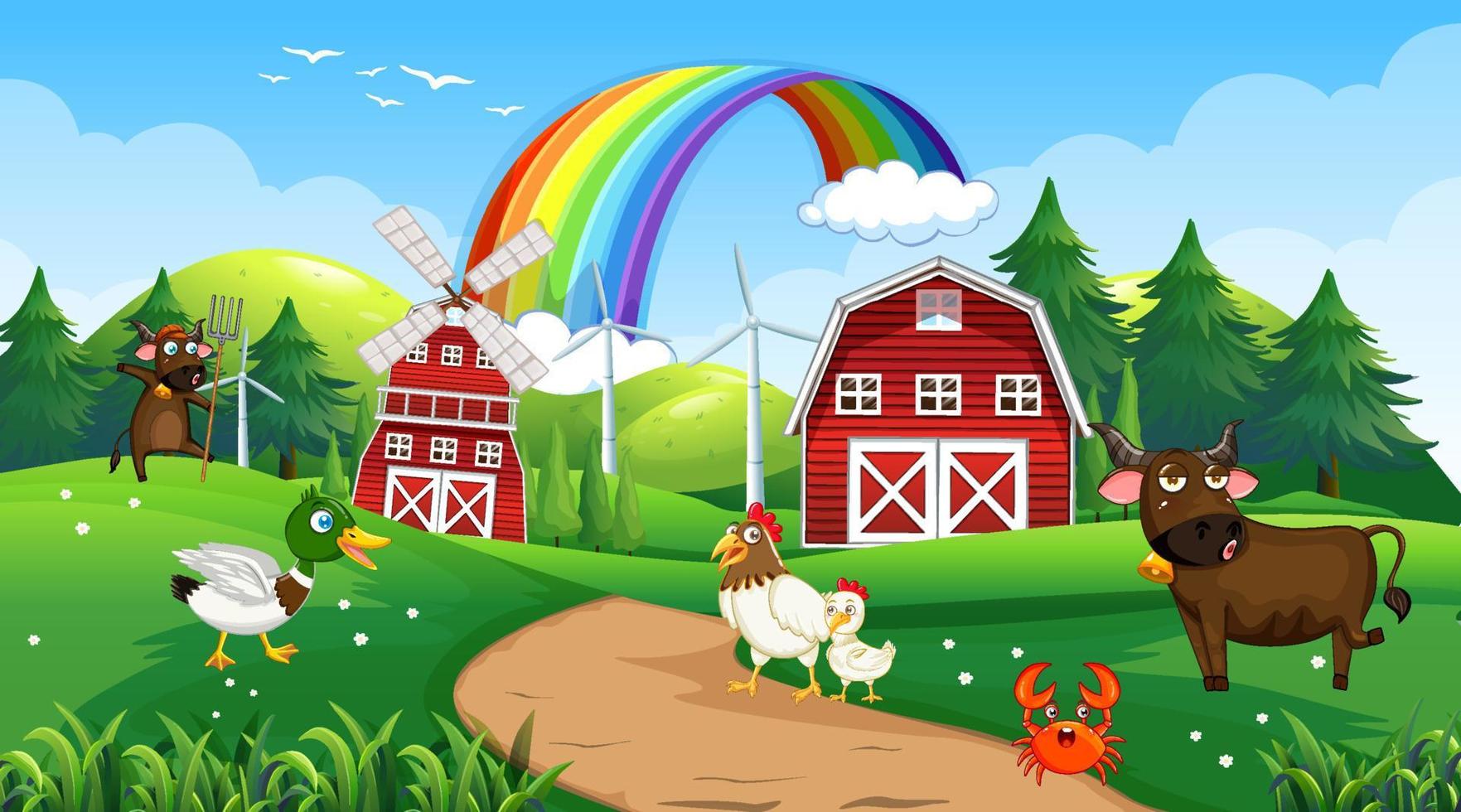 Farm scene with animals in the field vector