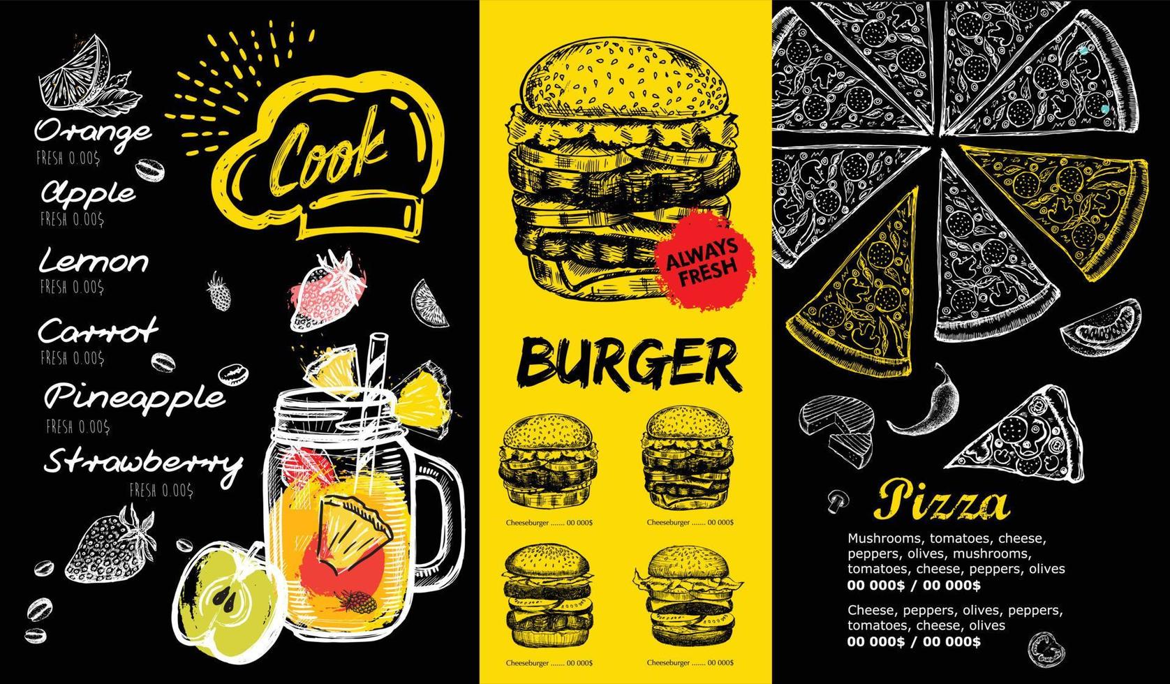 Menu Juice, Smoothie. Hand drawn style. Vector illustration.