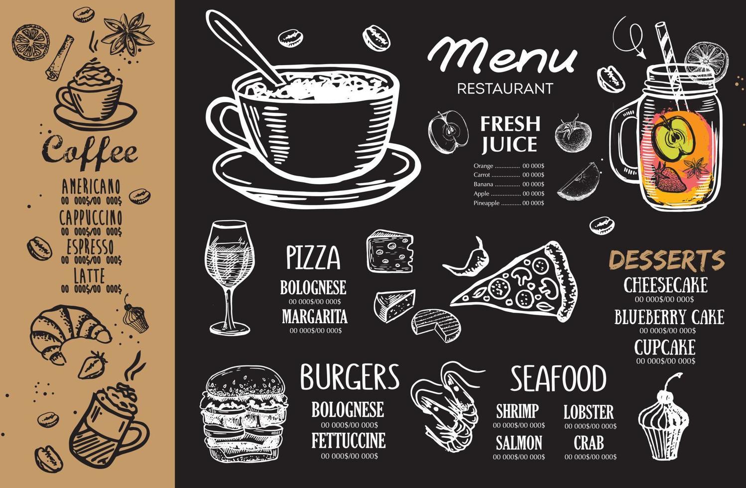 Restaurant menu, template design.. Food flyer. Hand-drawn style. Vector illustration.