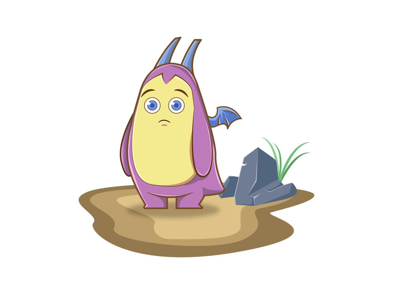 lindo dragón púrpura con ala pequeña y cuernos parados en el suelo con piedra azul y personaje de mascota de hierba vector