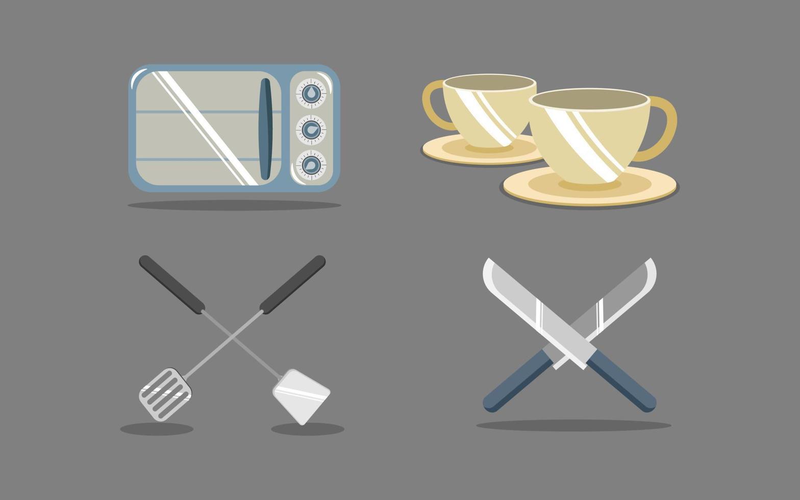 Flat microwave teacups spatula and knife in kitchen set collection vector