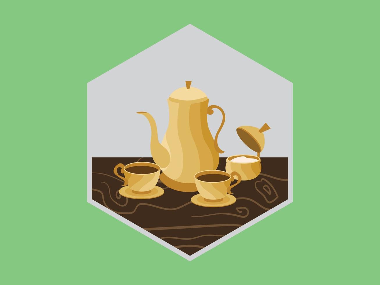 Tea time with teapot, couple of cup, and sugar flat vector illustration isolated on green. best for product cover, magazine content, ads, poster, banner, and coffee shop and kitchen wall decoration