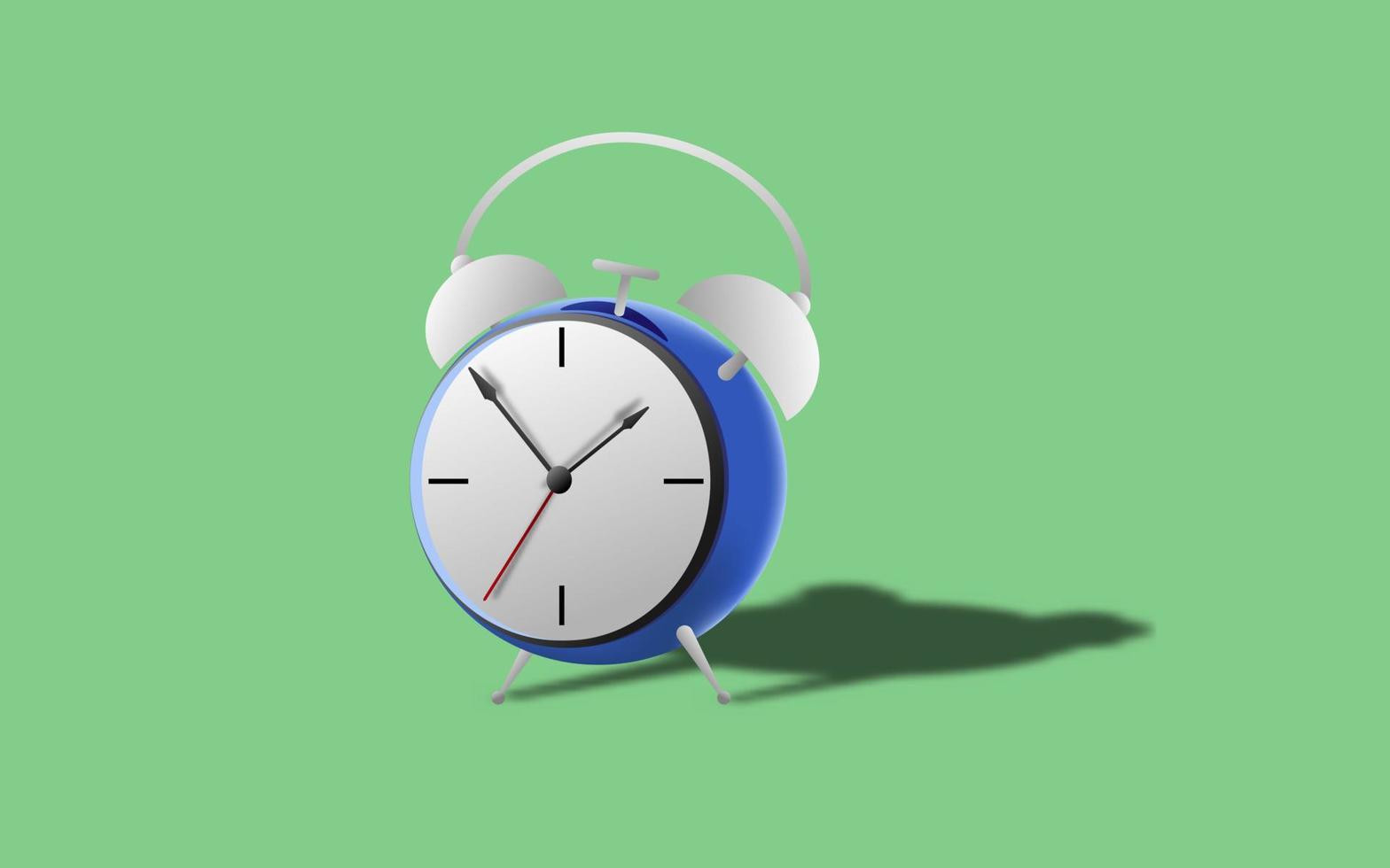 Ilustración 3d de un reloj despertador azul de pie con sombra en un diseño de icono minimalista de fondo verde vector