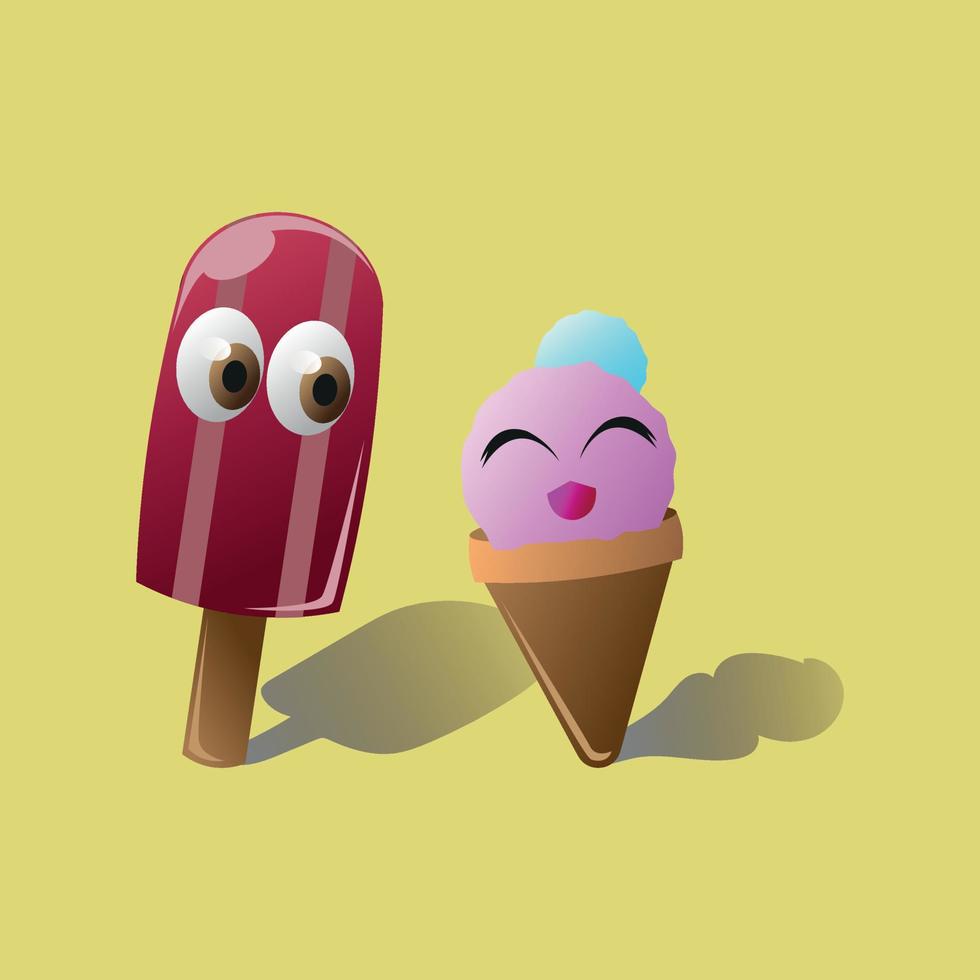 Pareja de helados de paletas y conos de pie al lado de una linda expresión en estilo 3d aislada en amarillo vector