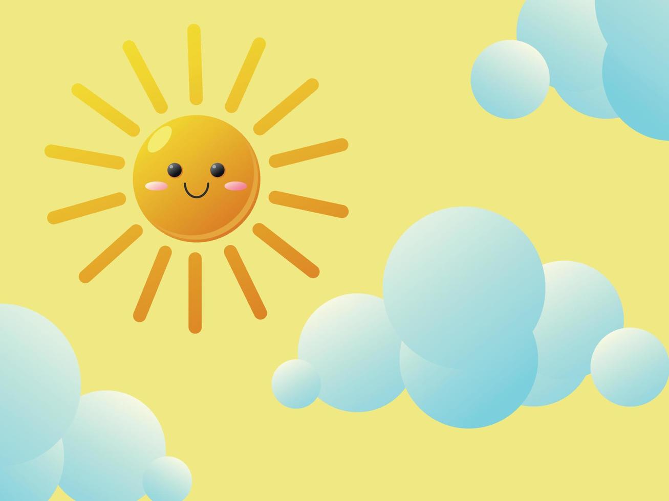 Lindo personaje de clima de día soleado de verano sonriendo con nubes en ilustración de vector de fondo amarillo