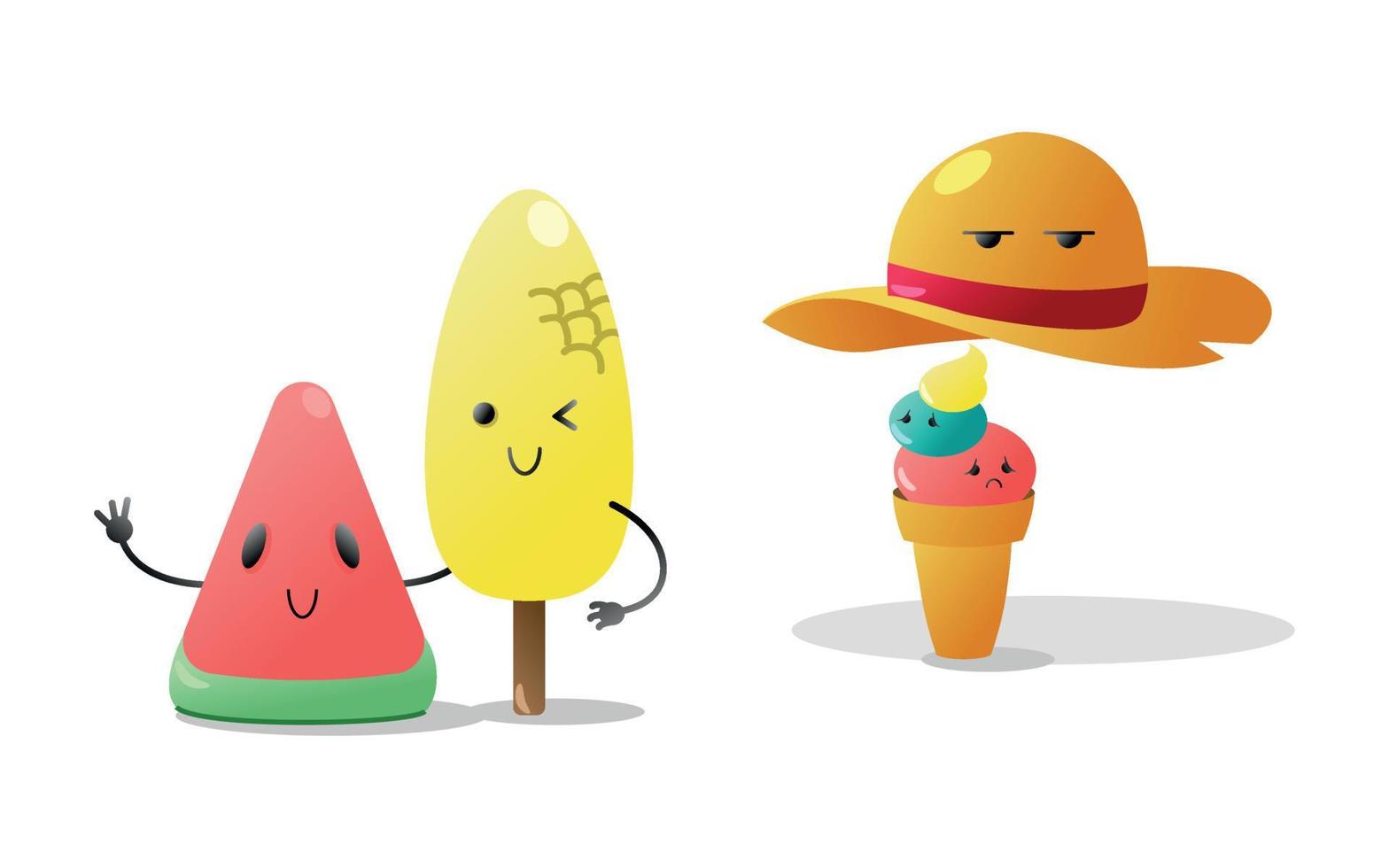 ilustración de una pareja de helados de sandía y maíz con un personaje kawaii de helado de cono debajo de un sombrero de paja en la temporada de vacaciones de verano en estilo 3d vector