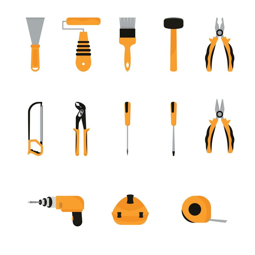 Tools vector illustration set isolated icons building tools repair, construction buildings, drill, hammer, screwdriver, saw, file, putty knife, ruler, helmet, roller, brush, tool box, kit flat style.