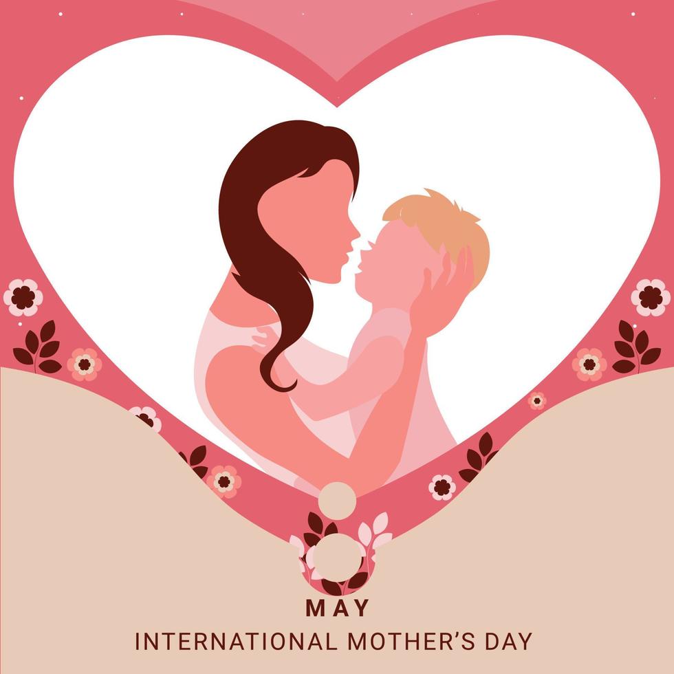 8 May International Mother's day greeting card. Vector banner with Mother holding child in pink paper hearts. Symbols of love with Flower