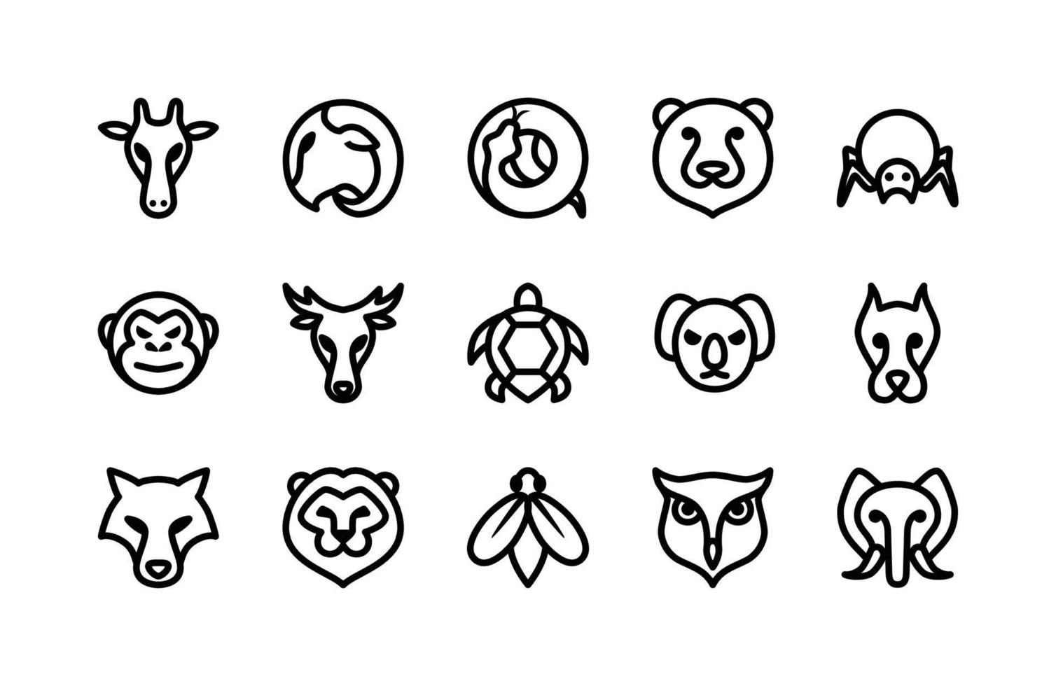 iconos de línea de animales que incluyen jirafa, cabra, serpiente, oso, araña, mono, ciervo, tortuga, koala, perro, zorro, león, abeja, búho, elefante vector