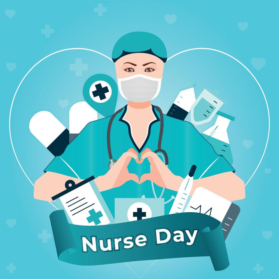 Doctor and Nurse Making Heart With Hand.Doctor and nurse day Vector Illustration With Medical Icons.
