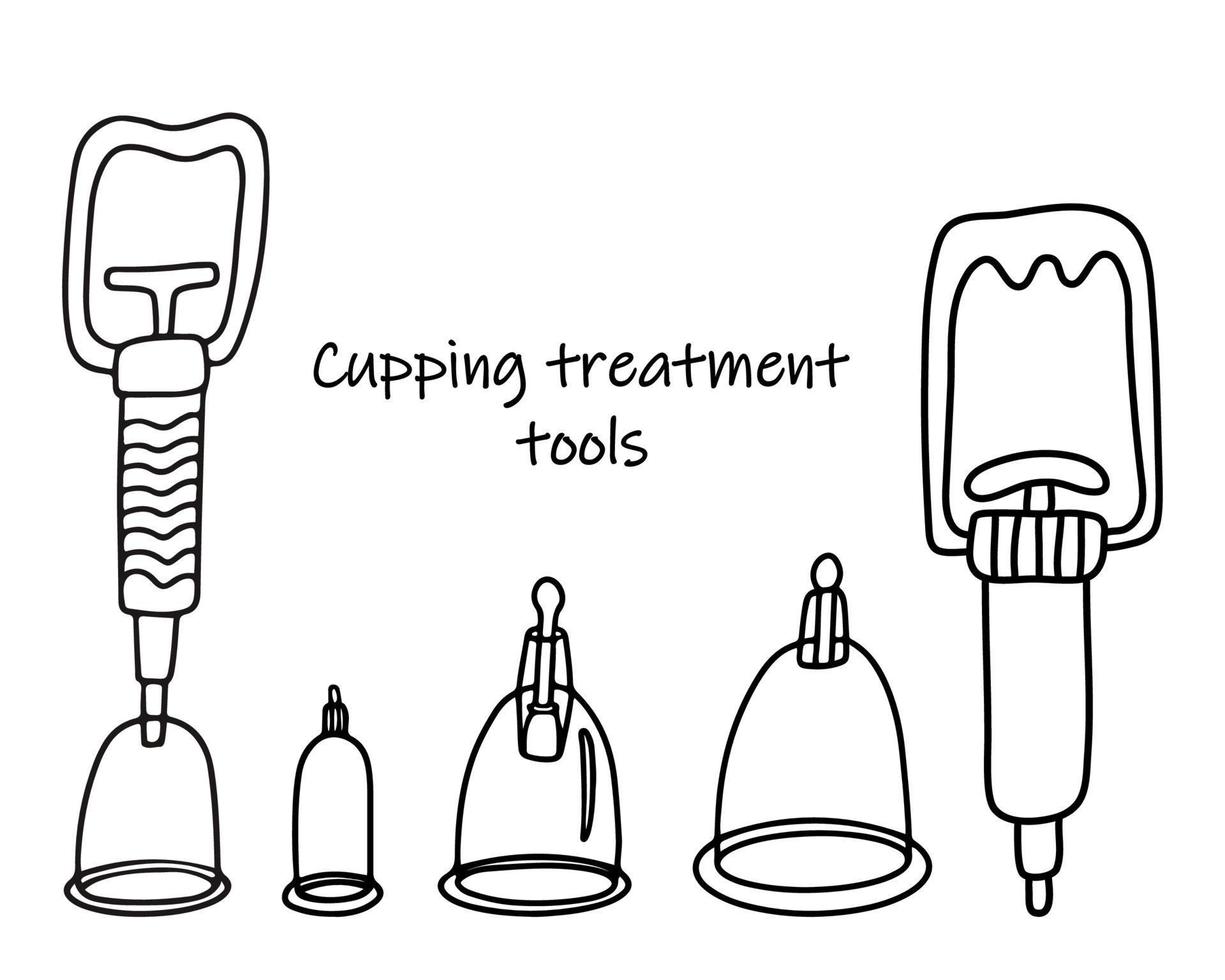 Set of tools for cupping treatment. Alternative medicine. Doodle sketch hand drawn vector illustration of a medical cups and vacuum cupping gun or suction pump on white background. Isolated outline.