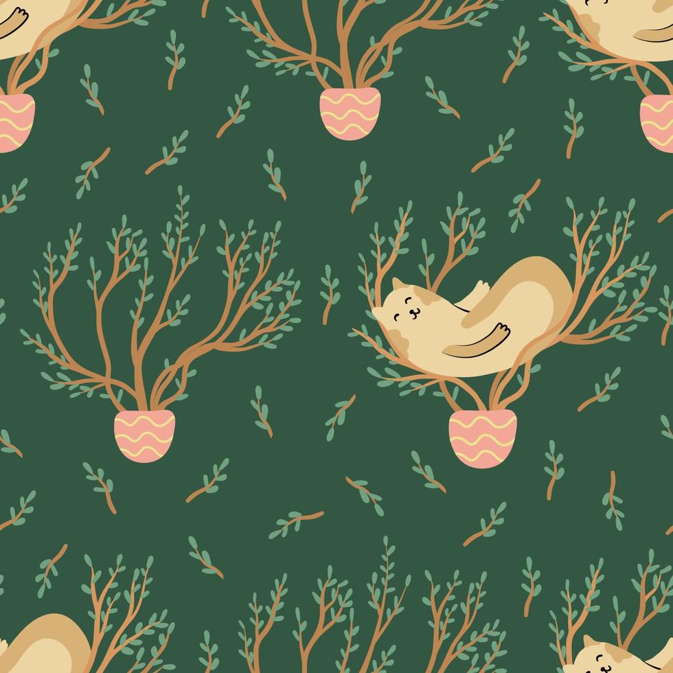 Funny cats and tree houseplants seamless pattern on dark green. Hand drawn flat vector illustration. Funny pet and potted plants. Great for fabrics, wrapping papers, wallpapers, covers.