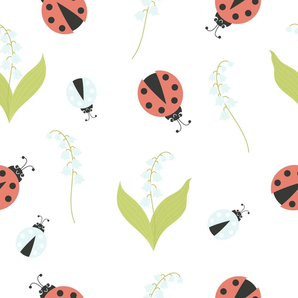 Cute Floral seamless pattern with May lilies of the valley and ladybugs. Vector illustration. Spring pattern with forest flowers for design, packaging, wallpaper, decoration