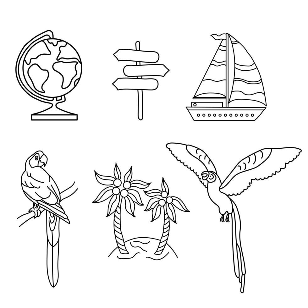 Illustration for lifestyle design. Travel set of doodles. Parrots, island and ship. Outline symbol collection. vector