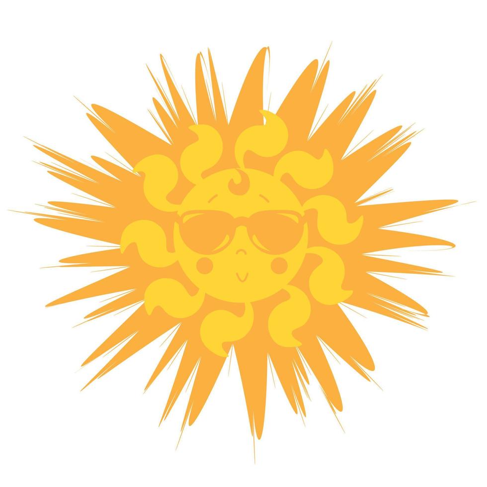 lindo sol estilo el sol en gafas de sol. sol amarillo-naranja con una sonrisa y gafas. tarjetas de felicitación, diseño de camisetas impresas, decoración, linda ilustración de verano. aislado sobre fondo blanco. icono vectorial vector