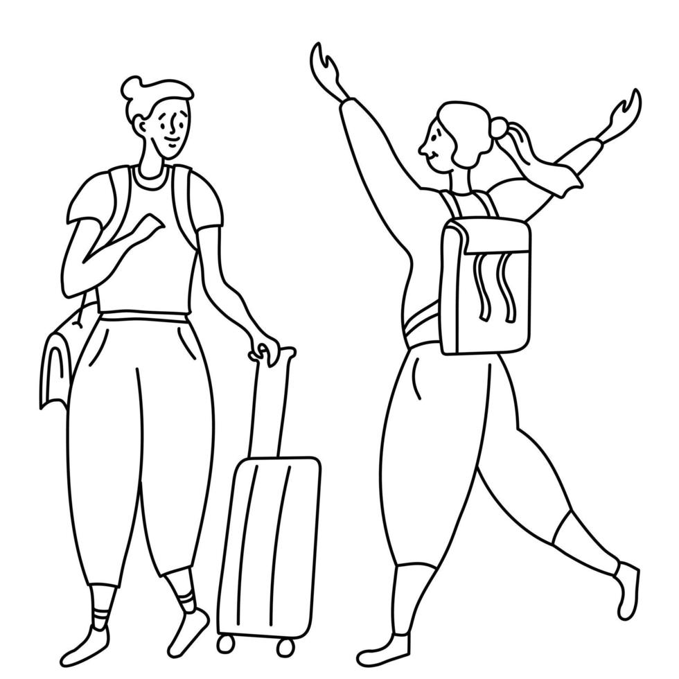 Line drawing two joyful girls tourists. One with bag on his shoulder and suitcase on wheels. second with backpack rejoices at the meeting raised her upper hand. Vector. outline vector