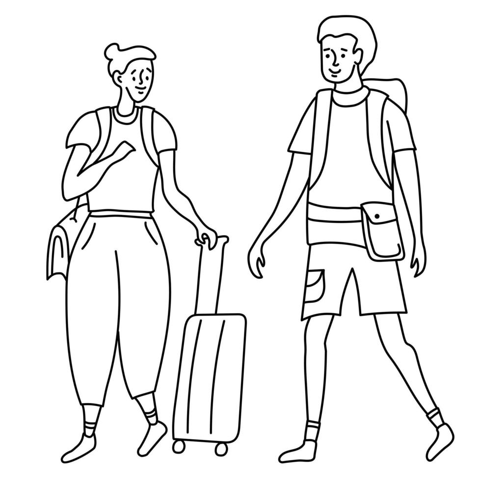 Linear outline drawing girl and guy tourists. She has bag on her shoulder and suitcase on wheels. He is with backpack behind his back and belt with a bag. Doodle set. vector