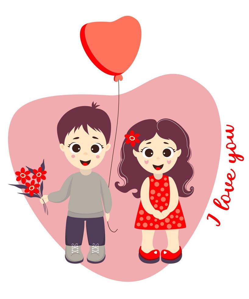 pareja - chico con ramo de flores y globo y linda chica guapa contra el fondo del corazón. texto - te amo. vector