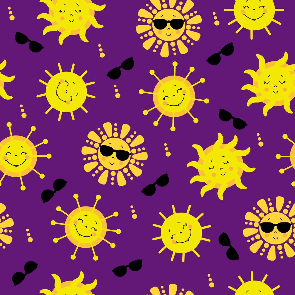 patrón sin costuras lindo sol amarillo en gafas de sol sonriendo. y un dulce sol con los ojos cerrados. ilustración vectorial para diseño, decoración, embalaje, textil, ilustración de verano. vector