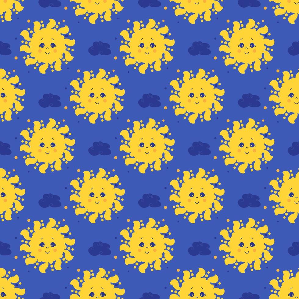 Seamless pattern. Cute yellow sun with face and smile on blue background with clouds. Vector illustration. Design, decor, packaging, printing, wallpaper, textiles, summer illustrations.