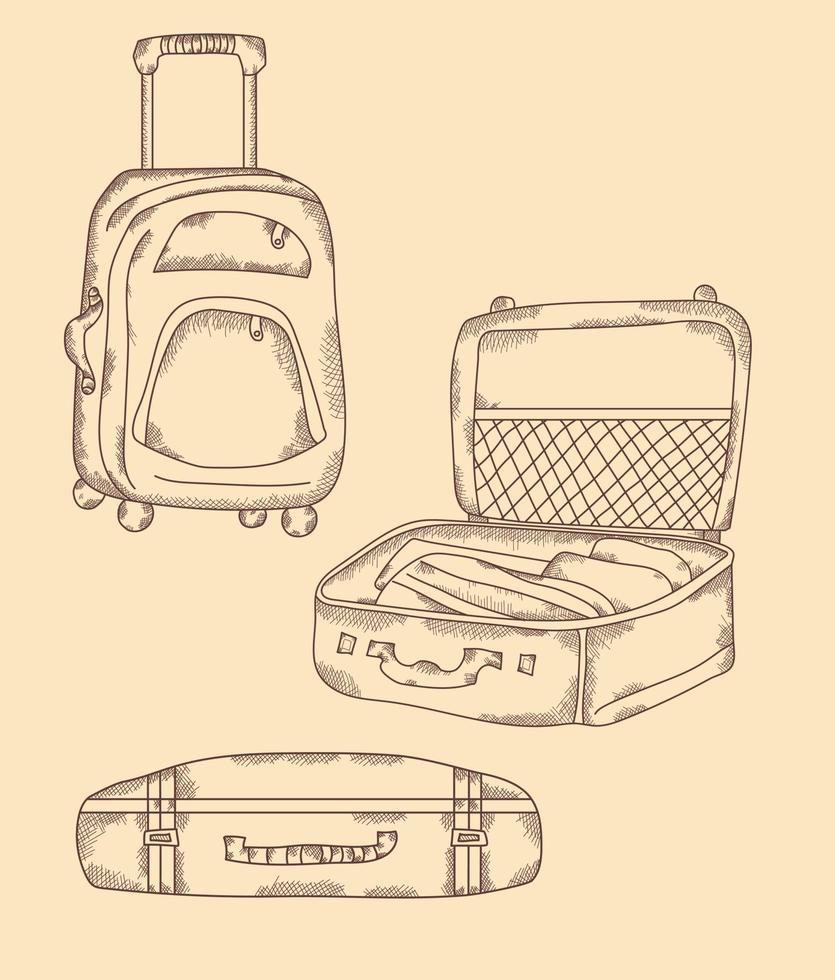 Collect travel items. Different types of suitcase, open, closed, stands on wheels. Vacation Hand drawn vector set, strokes, vintage. All elements are isolated