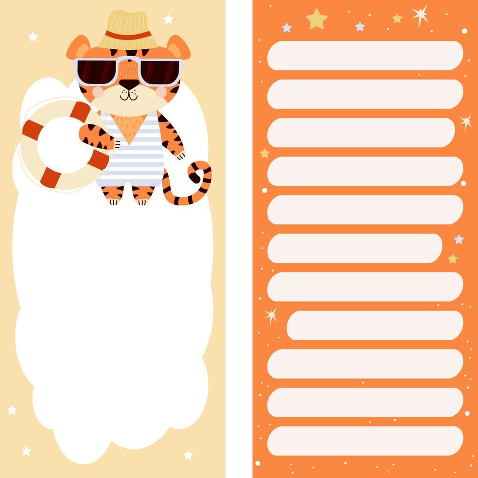 conjunto de planificador semanal o diario, papel de notas, lista de tareas pendientes decorada con tigre en gafas de sol con salvavidas. ilustración vectorial pegatinas de verano plantillas verticales vector