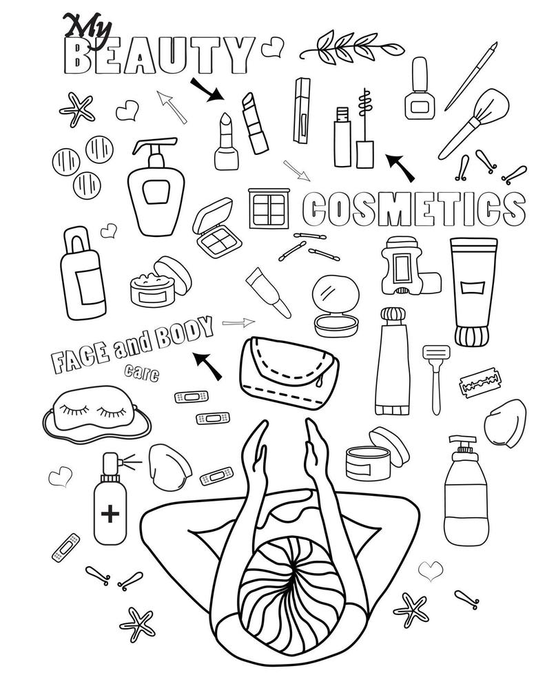 juego de garabatos de viaje de cosméticos. chica turista. mi belleza. colecciona cremas, cosméticos para la belleza facial y corporal en su viaje. los dibujos están aislados en un fondo blanco. vector