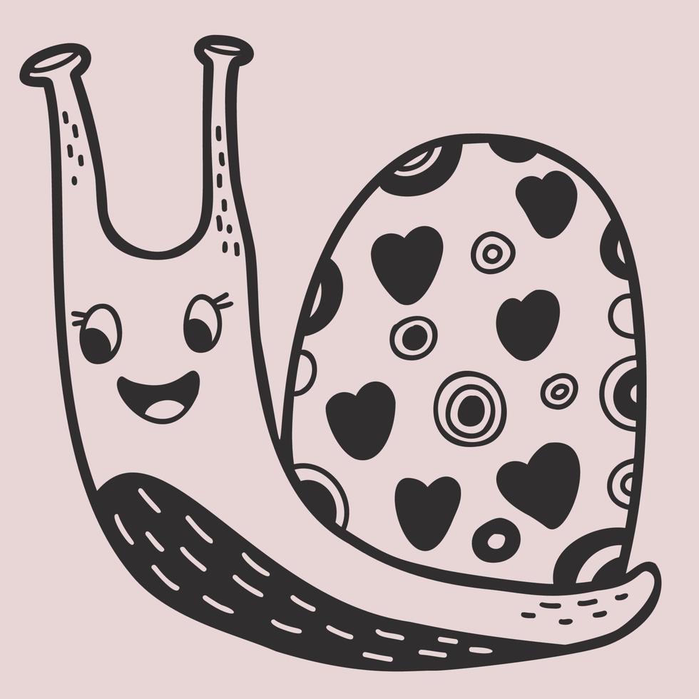 Cute decorative snail with hearts. Linear hand drawn doodle. Funny mollusk-snail. Vector illustration.